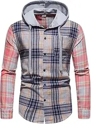 [Elogoog] Men's Causal Flannel Plaid Shirts Baggy Button Down Long Sleeve Loose Fit Top Band Collar Fall Winter Checked Coat