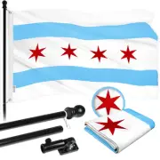 Flag Pole 6 FT Black Tangle Free & Chicago Flag 3x5 FT Combo Embroidered