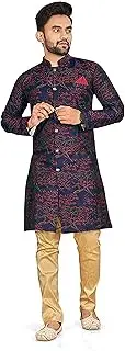 [Dream Fashion] Dream Blue Mens Traditional Stitched Heavy Jecquard Kurta Sherwani Pajama Set Dark Blue and Red