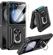 [ELEPIK] for Samsung Flip 5 Case with Hinge Protection, Samsung Galaxy Z Flip 5 Case with Ring Kickstand [with Back Window Screen Protector] Protective Cover for Samsung Galaxy Z Flip 5, Black