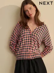 Pink Green Check Soft Touch Button Up Knitted Cardigan (AG3531) | $64
