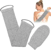 Exfoliating Washcloth with Handles Exfoliating Body Scrubber Bath Shower Towel with Shower Gloves Back Washer Rear Scrub Pull Strap Wash Cloth Scrub Men Wome Exfoliating Back Scrubber Glove Set (Grey, One size)