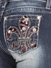 MISS ME Womens Stretch Boot Cut Denim Jeans Sparkle Fluer De Lis Embellished