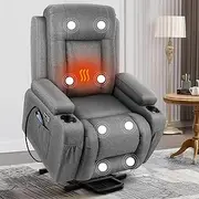 ALFORDSON Recliner Chair with Dual USB Charging Ports, Grey Electric Lounge Sofa with165° Recline and Remote Control, Linen Fabric Heated Massage Armchairfor Bedroom, Living Room and Home Office
