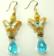 Cloisonne Filigree Butterfly Earrings Turquoise Crystal Briolette Handcrafted