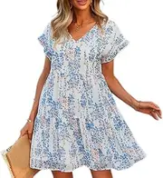 [Generic] Women's Summer Pleated Dress Babydoll Mini Sun Dresses Flowy Swing Floral Beach V Neck Sexy Sundresses