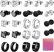 [ONESING] 12 Pairs Mens Earrings Stainless Steel Earrings for Men with Gift Box Stud Earrings Black Hoop Earrings Silver Flat Back Earrings Hypoallergenic Earrings Set Piercings Jewelry for Men Women
