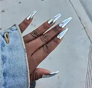 iMABC Silver Punk Metallic Press On False Nails Long Coffin Ballerina Chrome Mirror Fake Nails Full Cover Acrylic Nail Tips with Glue Tape For Women And Girls