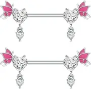 [Niaspi] Pink Heart Nipple Rings for Women 14G 16mm Surgical Steel CZ Rhinestone Butterfly Dangling Nipple Shield Studs Body Piercing Jewelry Gifts