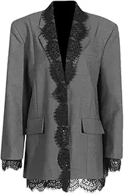 [Zadaos] Women Blazer Single Buttons Embroidery Lace Stitching Long Sleeve Blazer Coat Suit Jacket