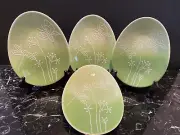 Lot 4 Crate & Barrel Green Egg Shape Plate Butterfly Dragonfly Embossed 8x6”