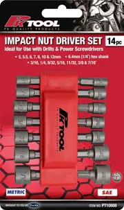 PKTool PT10808 - Nut Driver Set - Metric/AF 1/4" Hex Drive - 14 Piece