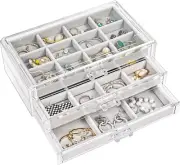 Earring Organiser Jewellery Organizer Box with 3 Drawers, Acrylic Stackable Jewe