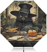 [PDZRMY] UV Protection Travel Umbrella Halloween Dark Cat Hat Compact for Rain and Sun - Auto Open and Close UPF 50+ Windproof Portable 46” Sun Umbrella for Women and Men