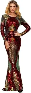 [Miss ord] Women Long Sleeve Backless Sequin Gown Female Maxi Elegant Dress