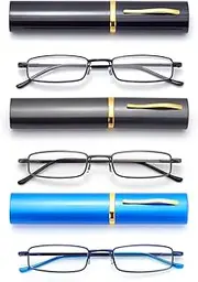 Metal Reading Glasses with Pen Clip Case, Slim Pocket Readers, Clear Lens for Women Men