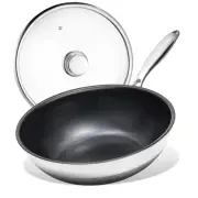Non Stick Wok Pan with Lid 12"Titanium Ceramic Nonstick Stainless Steel Stir-fry