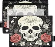 Day Of Dead Sugar Skull Roses 2 Pack 3 Hole Punch Zipper Pouch for Kids School, Clear Binder Zipper Pouch for Boys Girls, 9.8″ × 7″