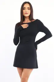 Black Mini Dress Long Sleeve - Size 12M, Women's Skater Dress