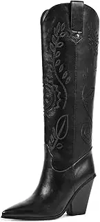 [ISNOM] Women's Western Boots Knee High Boots, Cowboy Cowgirl Boots, Unique Fashion Embroidered Chunky Block Heels Pointed Toes Boots Over Knee Boots