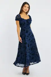 Blue Floral Midi Dress Puff Sleeve - Size 16XL, Women's Midi Dress