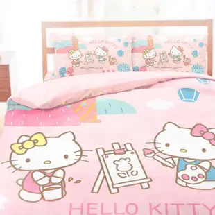 【享夢城堡】天絲卡通四件式床包涼被組(雙人加大-HELLO KITTY 風景繪-粉)