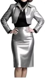 [DAIJES] Silver Sexy Short Latex Long Sleeves and Rubber Pencil Skirts with Zipper Black High Collar Shirts