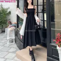 在飛比找Yahoo!奇摩拍賣優惠-無袖吊帶裙 法式復古連身裙 黑色洋裝 高腰顯瘦吊帶長裙+雪紡