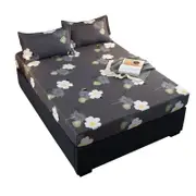 3pcs Bedding Set Printed Fitted Bed Sheet Mattress Protector and Pillowcase Gray-Flower (Double)