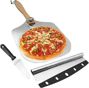 3Pcs Aluminum Pizza Paddle with Foldable Wooden Handle, 12 x 14 inches Pizza Peel, Pizza Paddle Pizza Spatula Pizza Cutter