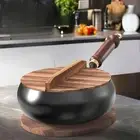 Wok Pan Traditional Flat Bottom 24cm with Wooden Lid for Induction Gas