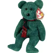 TY BEANIE BABY/ Babies WALLACE - GREEN BEAR WEARING SCARF New W/ Tags+Protector