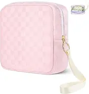 Likesing Tampon Holder for Purse, Upgraded 5.3" Checkered Period Bag, Sanitary Napkin Storage Bag with Wrist Strap for Girls Women, Thickened Portable Period Pad Pouch(Pink)