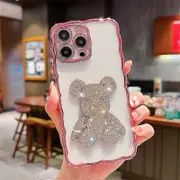 iPhone 13 Phone Case Teddy Candy Bear Kawaii Shiny Diamond Cute 3D Electroplated Wave Edge Soft TPU Shockproof for Women and Girls-A30077A