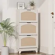 Masentimu Modern Rattan Shoe Cabinet, 3-Tier Flip-Drawer Shoe Storage Organizer, Slim Freestanding Shoe Rack for Entryway Hallway,Vintage White