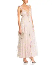Aqua Ruffled Floral Flutter Sleeve Gown - Exclusive