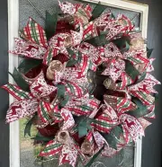 Folk Style Reindeer Christmas Deco Mesh Front Door Wreath Decoration Winter