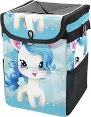 Car Trash Can with Lid and Storage Pockets Leak-Proof Organizer,Multipurpose Trash Bin for Car,Blue Theme Cartoon Unicorn
