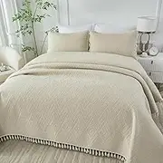 Brandream Queen Quilt Set Beige Bedspreads Cotton Elegant Shabby Chic Bphp Bohemian Quilt Bedding Set with Tassel Design 3-Piece