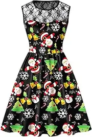 BesserBay Damen Weihnachten Rundhals Ärmellos mit Spitze Kleid Druck A-Linie Weihnachtskleid S-XXL
