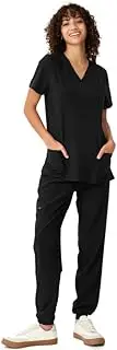 [floralhue] Scrubs for Women, V-Neck Scrubs Top & Cargo Pants, Scrubs Set with 10 Pockets, Yoga Waistband, 4 Way Stretch