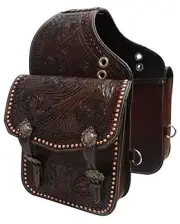 Showman Dark Oil Tooled Leather Saddle Bag w/ Engraved Antique Bronze Conchos &