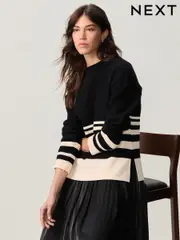Monochrome Black/Ecru Cream Stripe Compact Cosy Crew Neck Jumper With Side Split Detail (B63793) | $64