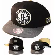 Mitchell & Ness NBA Brooklyn Nets Snapback Hat Black Grey metallic Gold Tip Cap