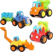IQ Toys 4 Pack Friction-Powered Cartoon Vehicles Toddlers Tractor, Bulldozer, Dump Truck Cement Mixer