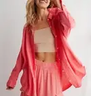 SET OF 2 Aerie Pool To Party Coral Red Linen Cargo Pants + Cover Up Shirt Sz M
