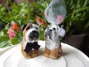Bulldog Dogs Cake Topper Bride Groom Love Wedding Engagement Wood Statue