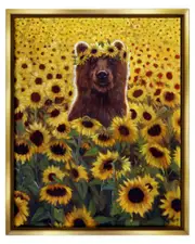 Happy Bear Sunflower Field Framed Floater Canvas Wall Art by Lucia Heffernan
