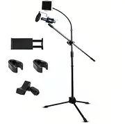 FORYUSE Microphone Floor Stand Adjustable Boom Mic Stand Tripod with Tablet Phone Holder, Mic Clip, Cable Clip, Pop Filter, Dual Device Mount for Streaming, Podcasting, Recording, Live Performances