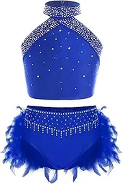[TiaoBug] Kids Girls Dance 2 Piece Outfit Sleeveless Sparkly Ballet Lyrical Dance Crop Top and Feather Briefs Skirt